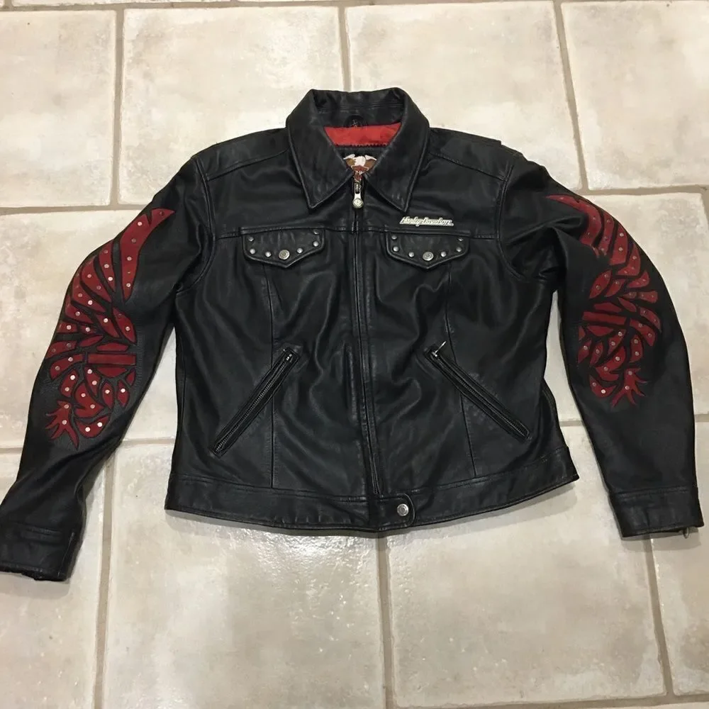 HARLEY DAVIDSON WOMENS SANTA CRUZ Black LEATHER JACKET suede eagle print sleeves